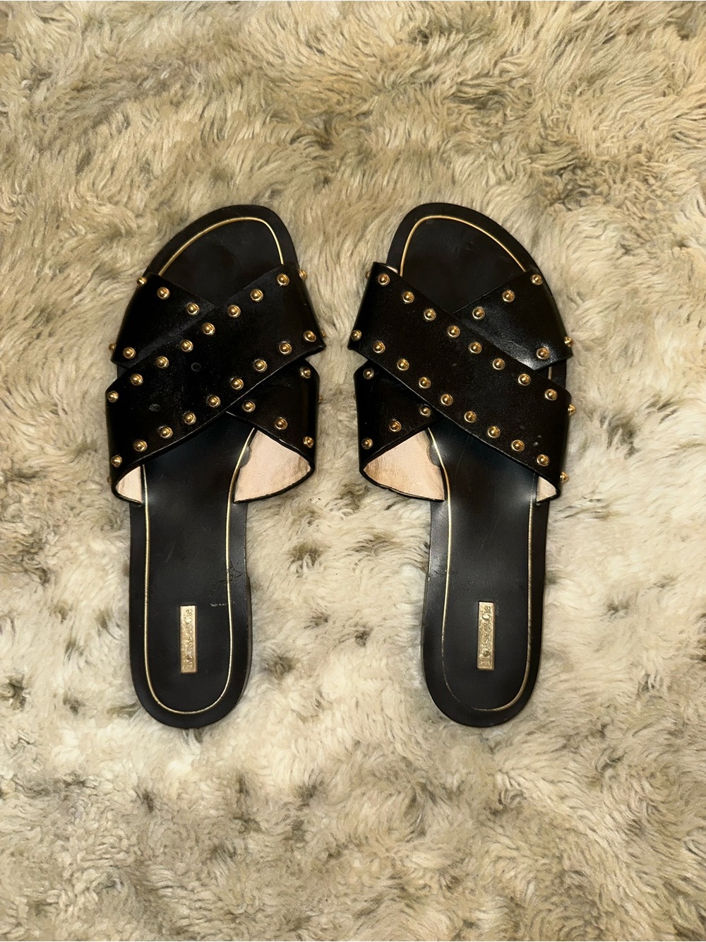 Louise et Cie Black Leather Cross-Band Stud Slide Sandals